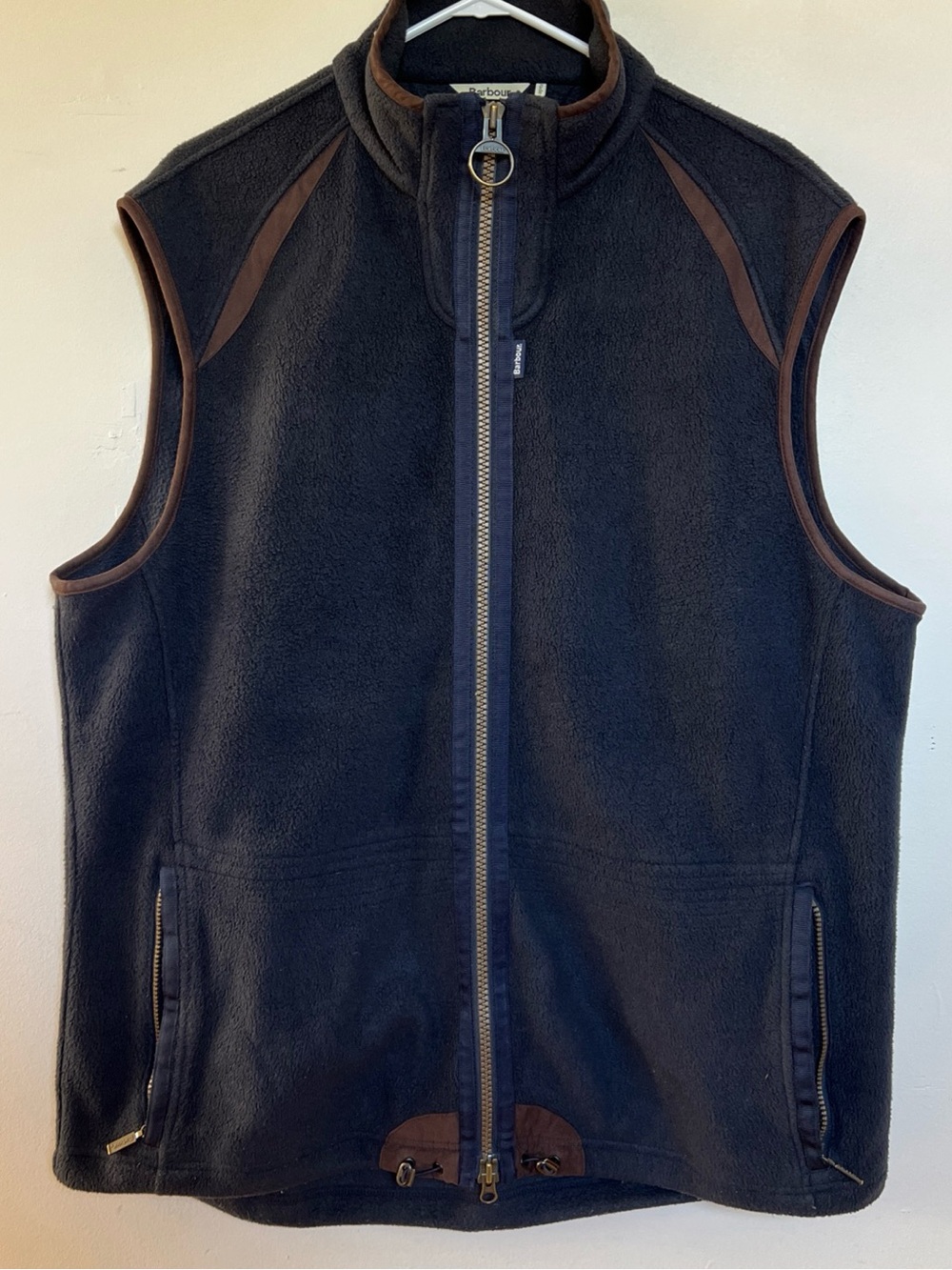 Barbour Men’s Grey and Navy Fleece Vest with Brown Trim Hunting XXL